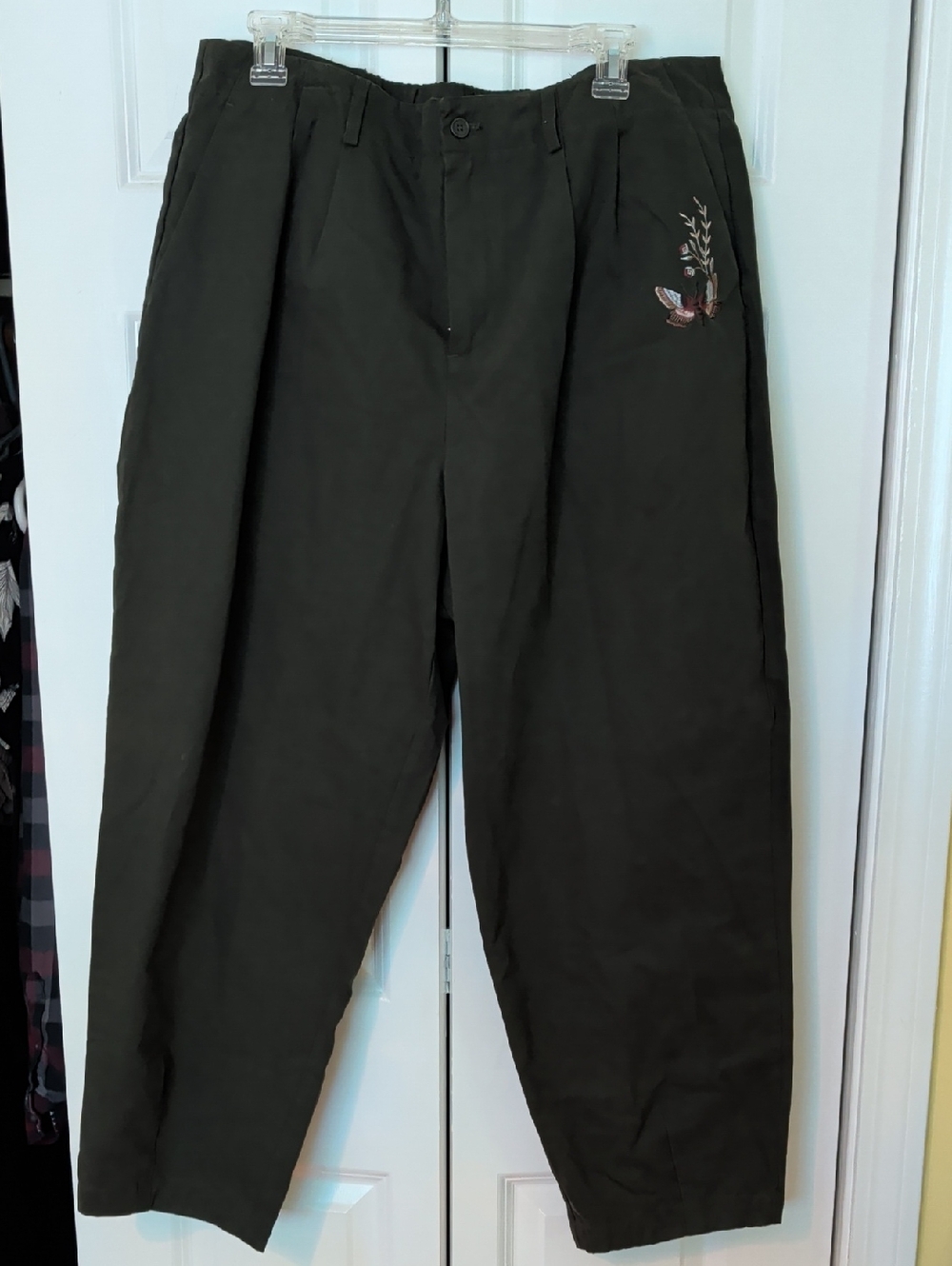 Disturbia Olive Green Embroidered Ankle Chinos